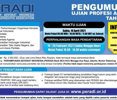 PERPANJANGAN MASA PENDAFTARAN UJIAN PROFESI ADVOKAT PERADI TAHUN 2021